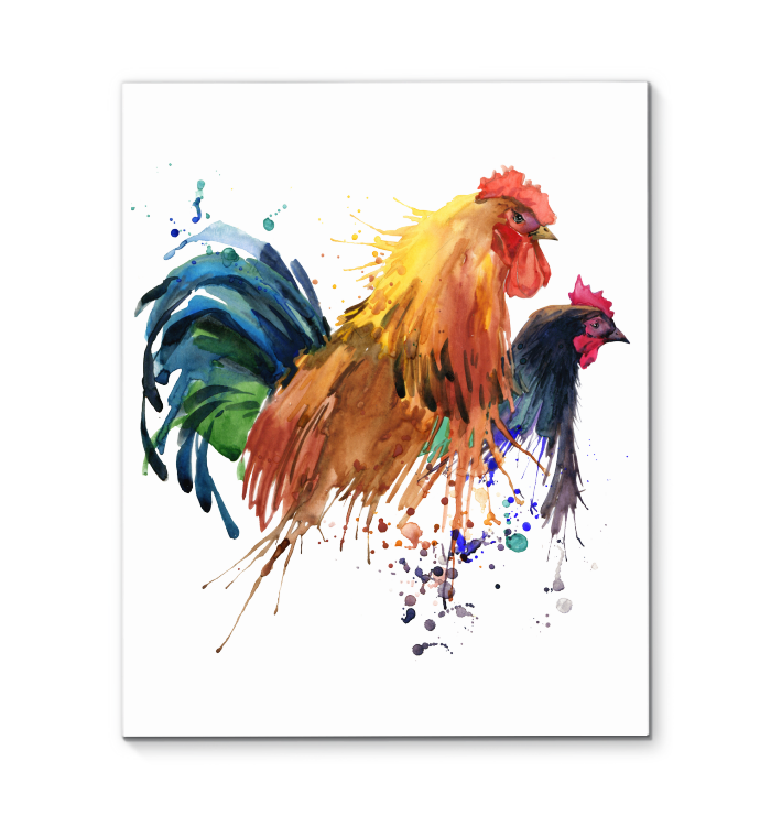 Rooster and Hen Splashed in Watercolor